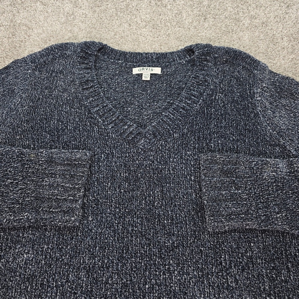 Orvis Navy Blue Marled Chenille V-Neck Sweater Womens XXL Tunic Knit Top